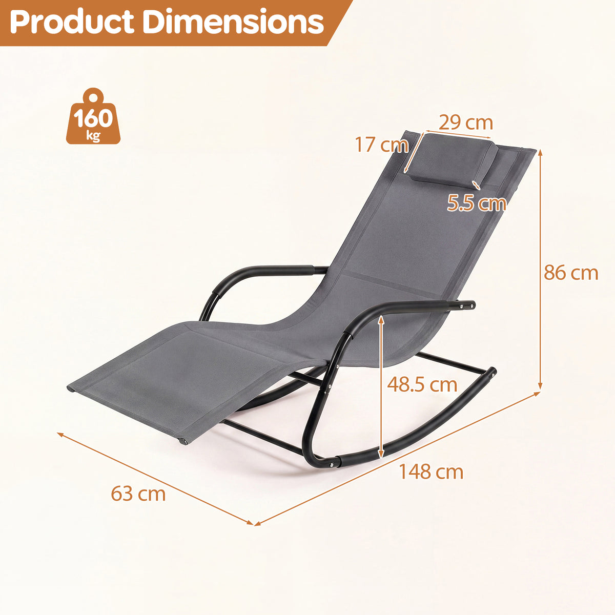 Outdoor Rocking Chair and Patio Lounge Chair with Detachable Headrest and Curved Armrests-Grey
