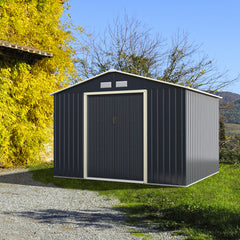 Outdoor Storage Shed 9.1x6.3 FT with Extension Kit & Sliding Door for Garden Backyard-Grey