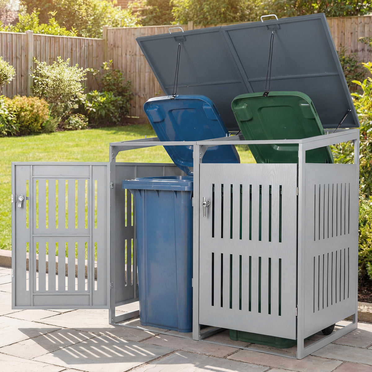 Outdoor Trash Can Storage Shed for 2 Bins with Gas Struts and Lockable Grilled Doors-Silver