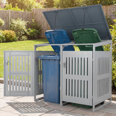 Outdoor Trash Can Storage Shed for 2 Bins with Gas Struts and Lockable Grilled Doors-Silver