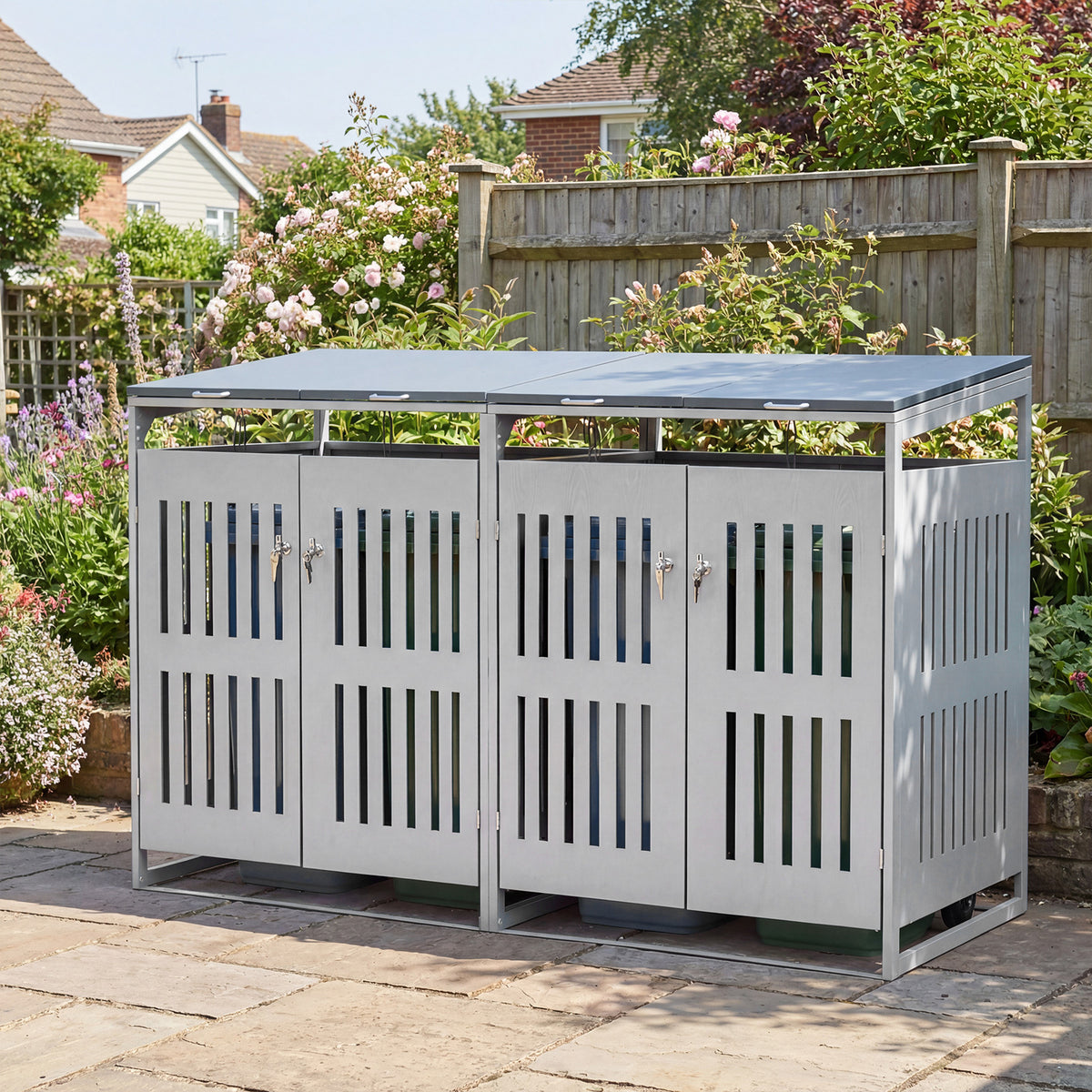 Outdoor Trash Can Storage Shed for 2 Bins with Gas Struts and Lockable Grilled Doors-Silver