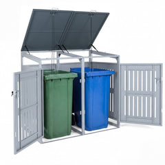 Outdoor Trash Can Storage Shed for 2 Bins with Gas Struts and Lockable Grilled Doors-Silver