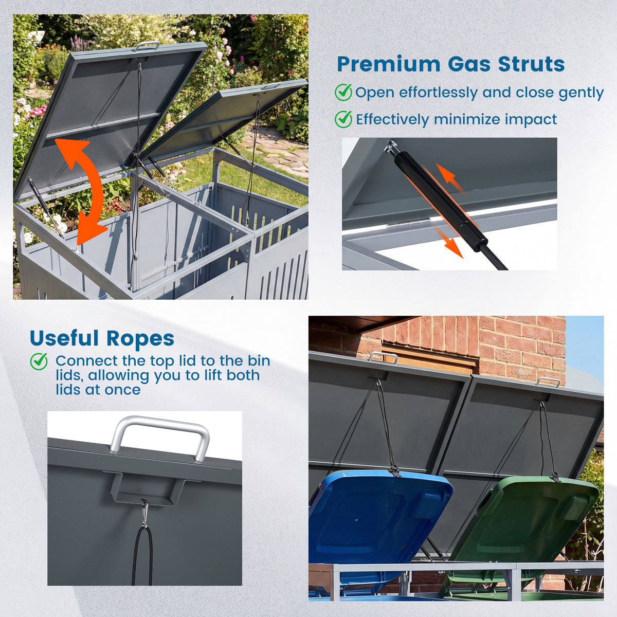 Outdoor Trash Can Storage Shed for 2 Bins with Gas Struts and Lockable Grilled Doors-Silver