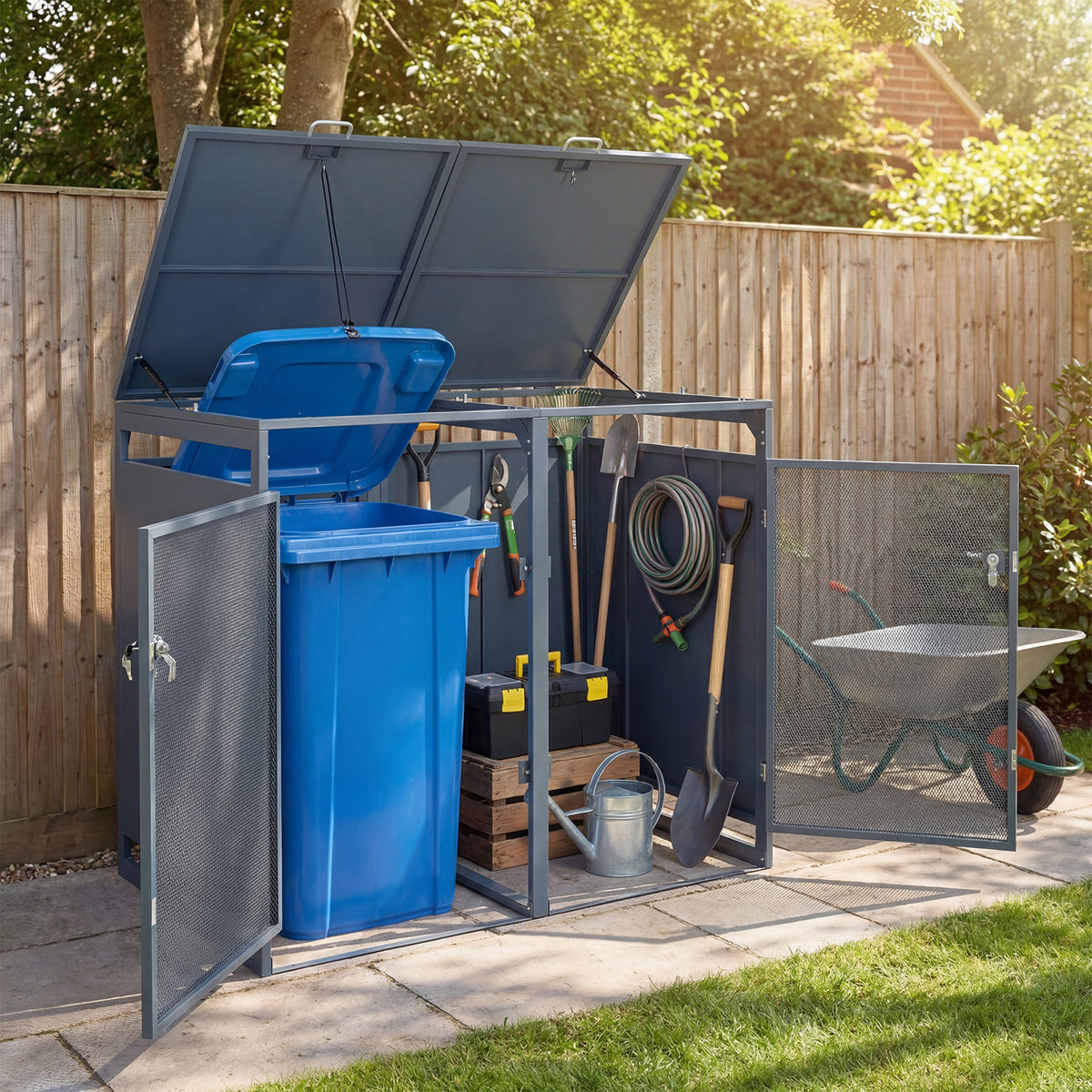 Outdoor Trash Can Storage Shed for 2 Bins with Gas Struts and Lockable Metal Mesh Doors-Grey