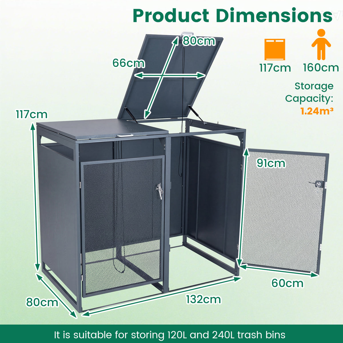 Outdoor Trash Can Storage Shed for 2 Bins with Gas Struts and Lockable Metal Mesh Doors-Grey