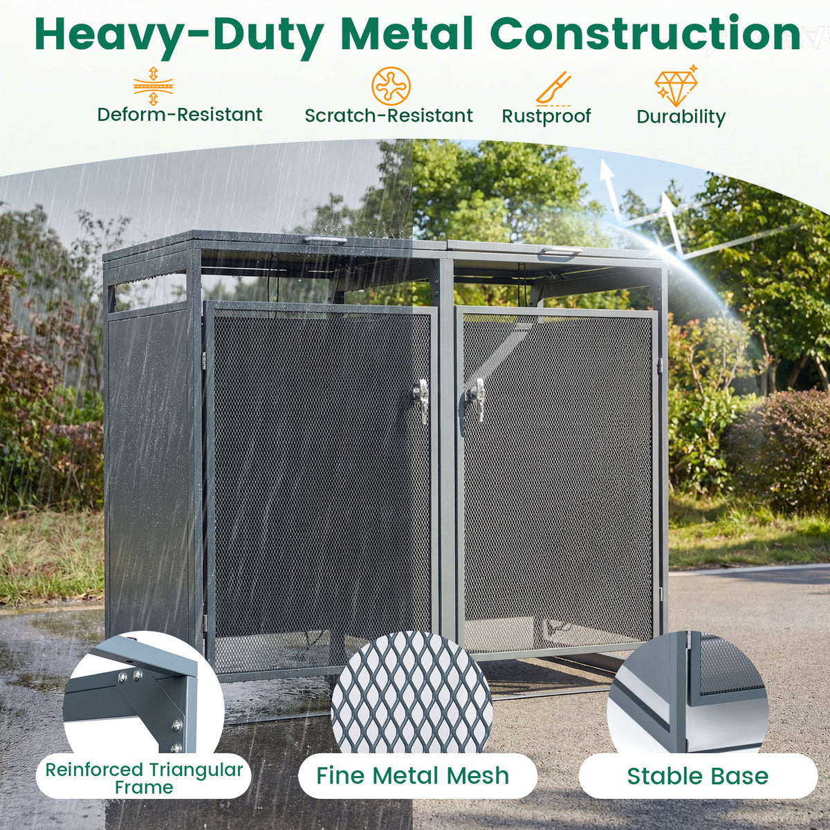 Outdoor Trash Can Storage Shed for 2 Bins with Gas Struts and Lockable Metal Mesh Doors-Grey