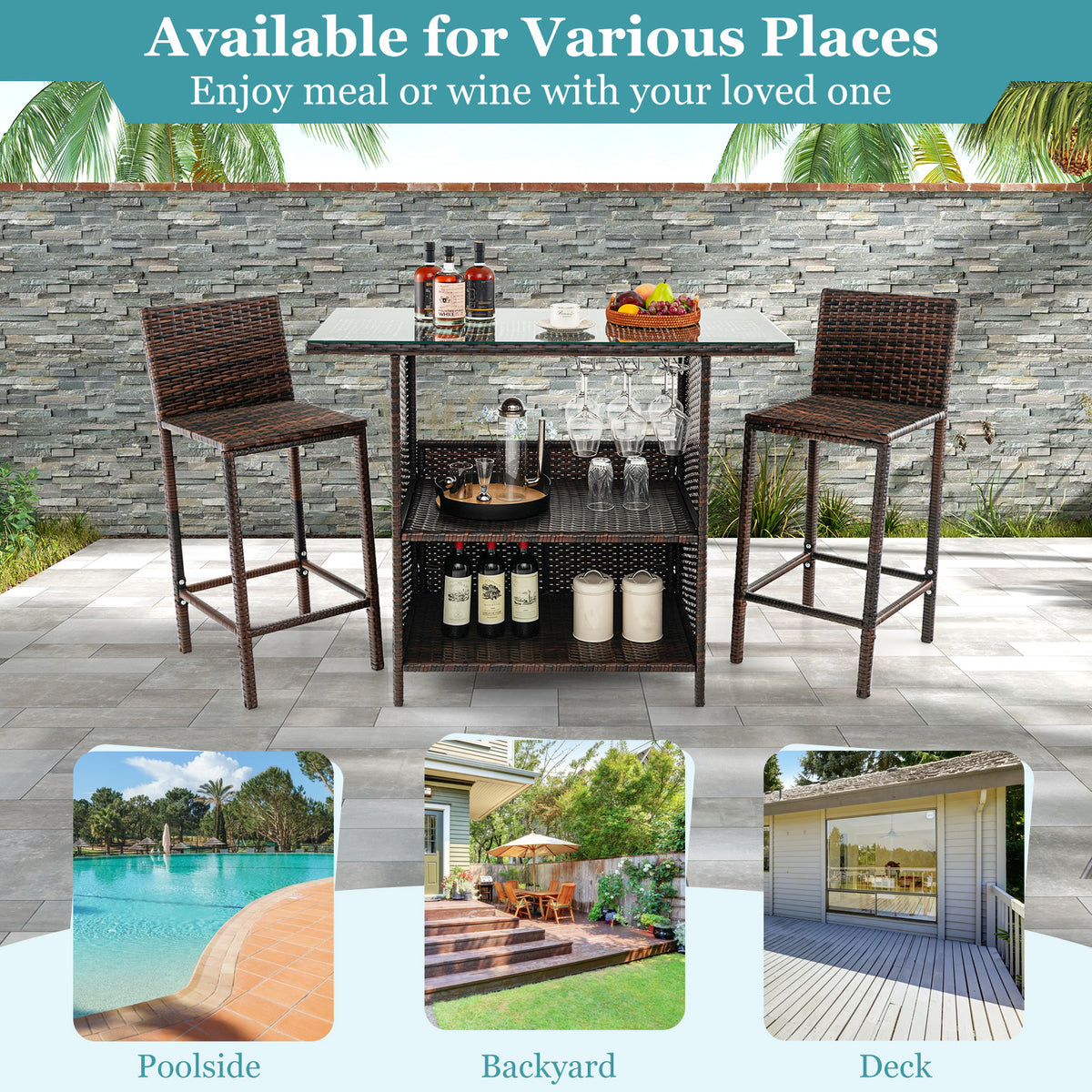 3 Pieces Patio Wicker Bar Height Table and Chair Set with 3 rows stemware racks