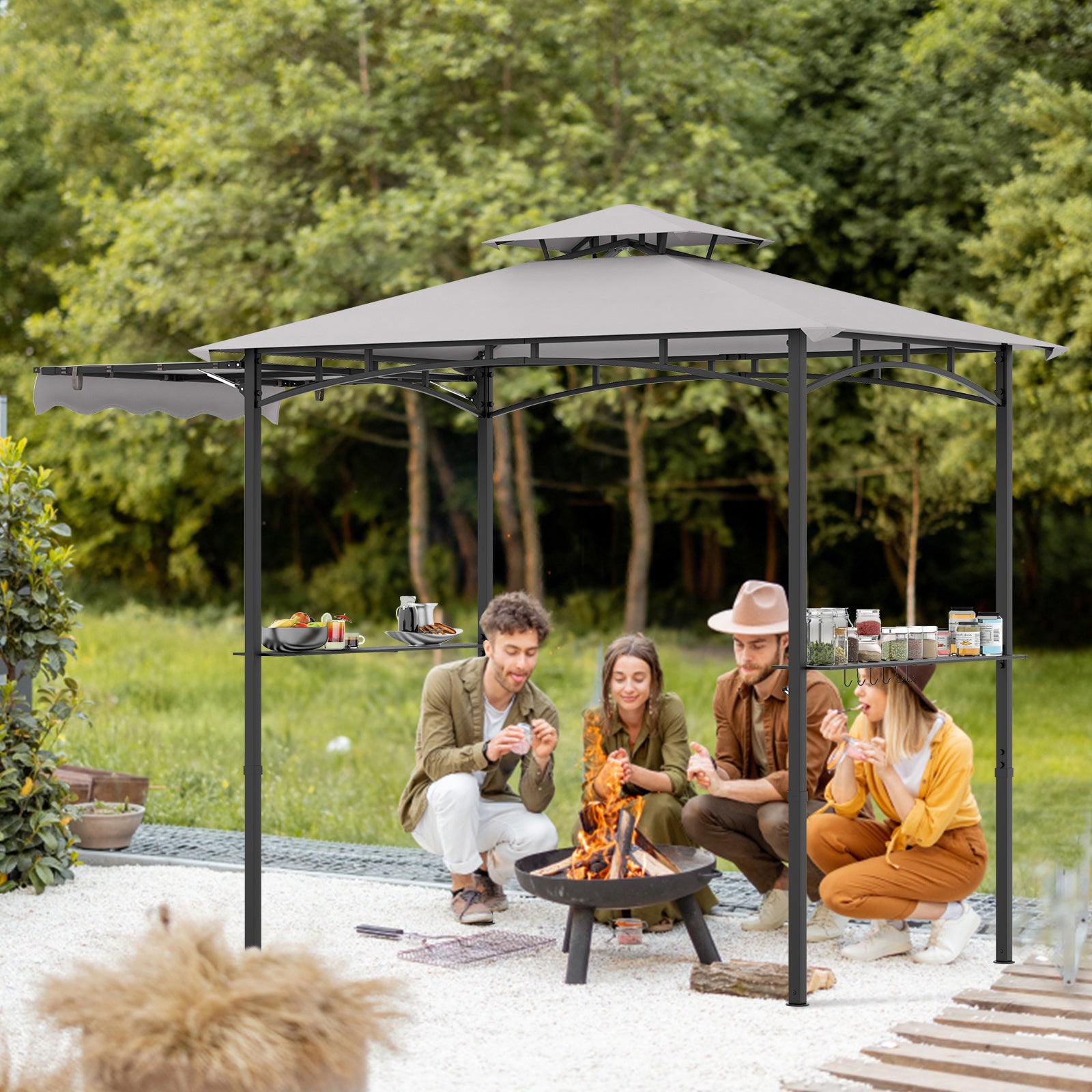 Outdoor Barbecue Canopy Tent Grill Gazebo with Side Awning-Grey