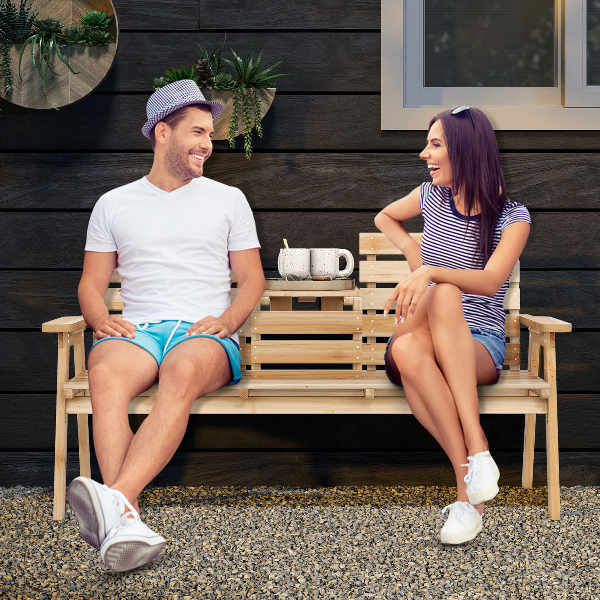 Outdoor Fir Wood Bench with Foldable Middle Table-Natural