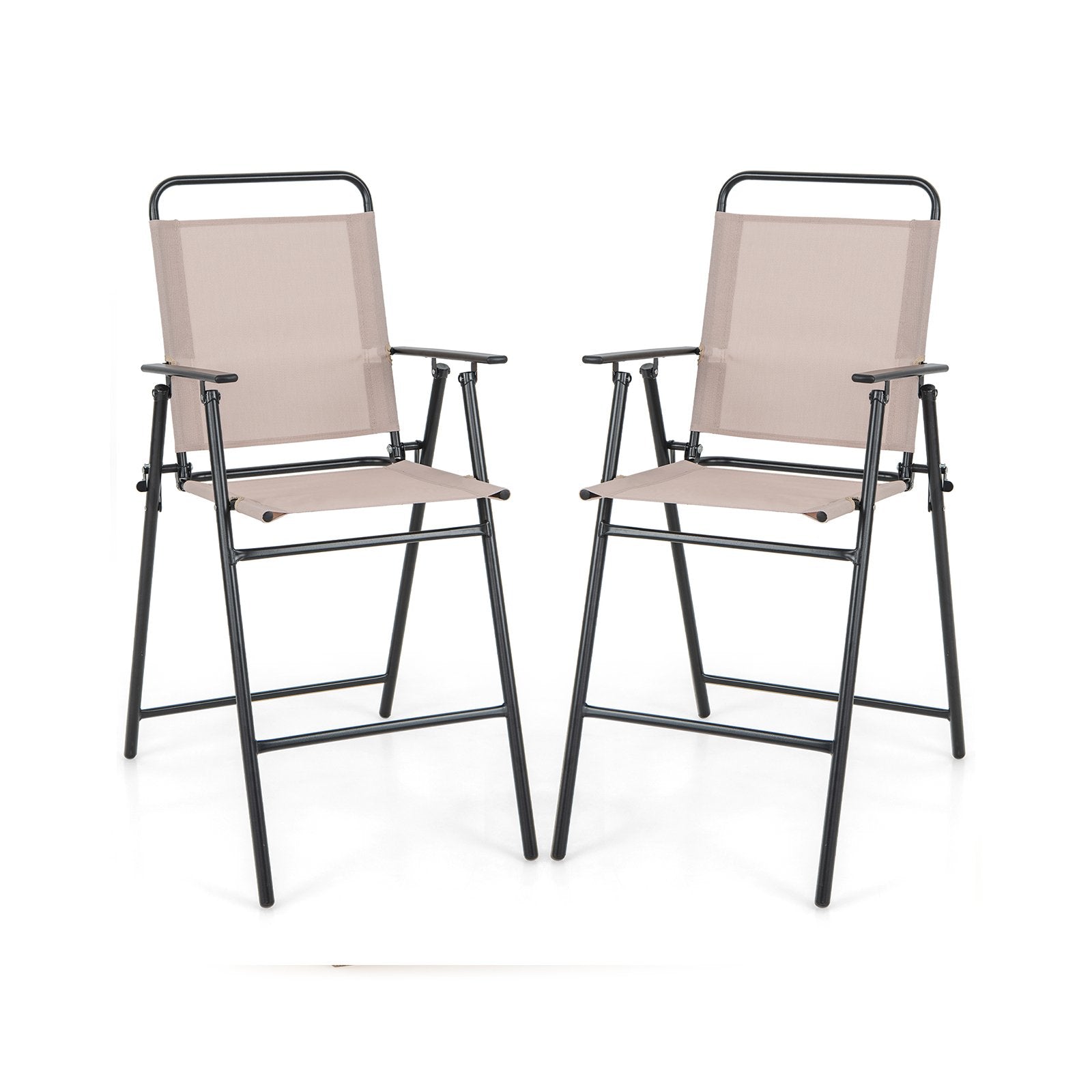 Outdoor Folding Bar Chair Set of 2 with Backrest Armrests Footrest-Beige