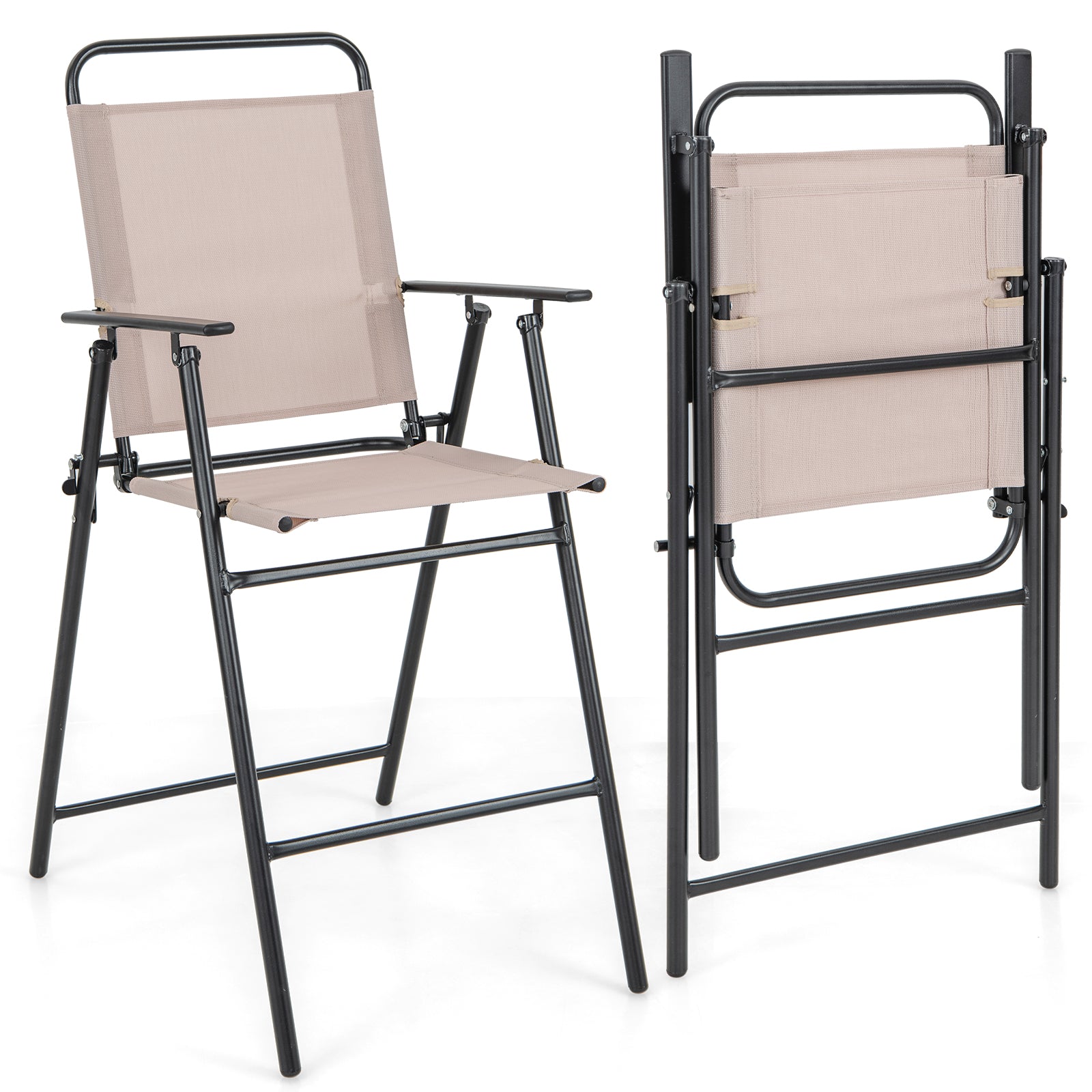 Outdoor Folding Bar Chair Set of 2 with Backrest Armrests Footrest-Beige