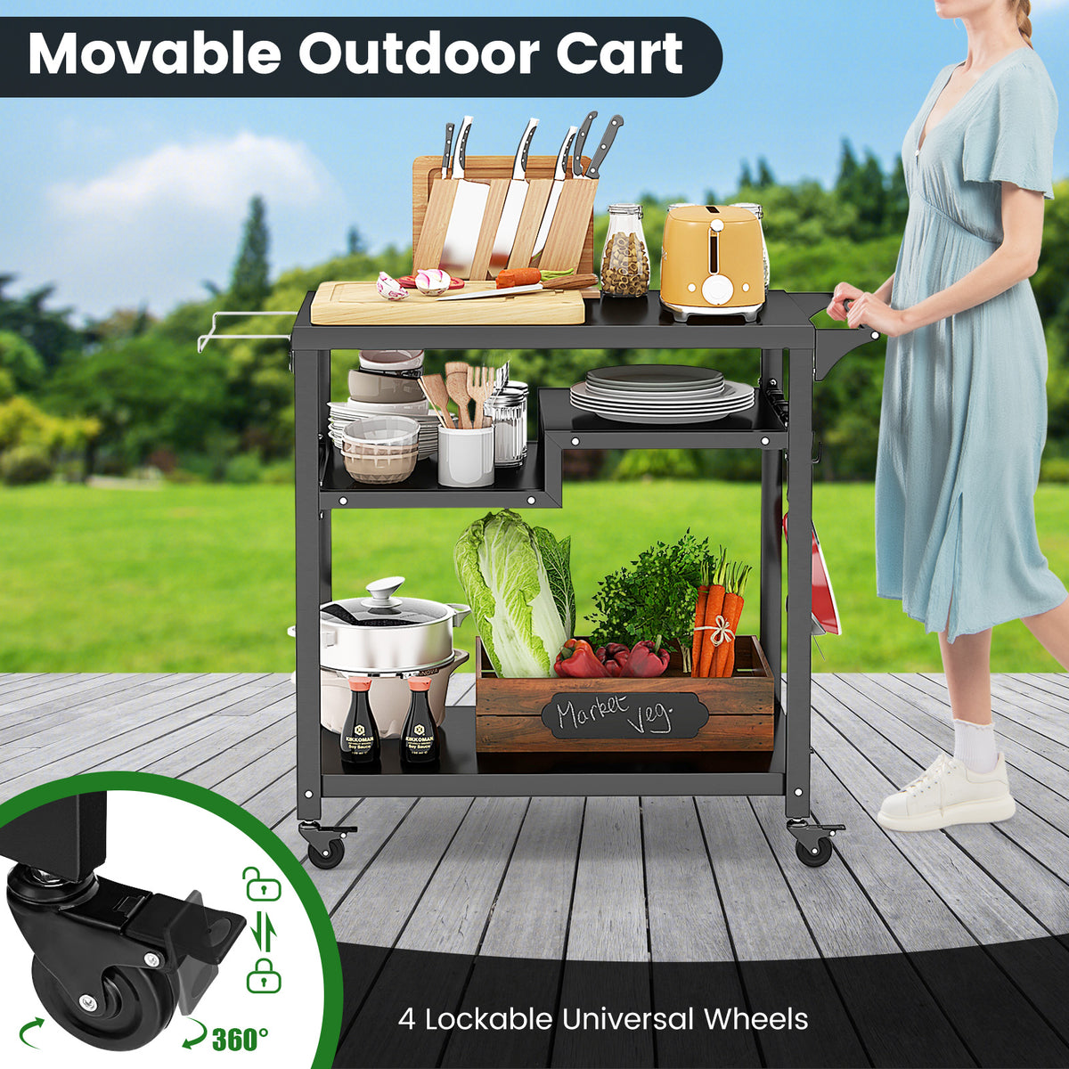 3-Shelf Movable BBQ Cart with 4 Lockable Wheels, Hooks and Side Handle-Black