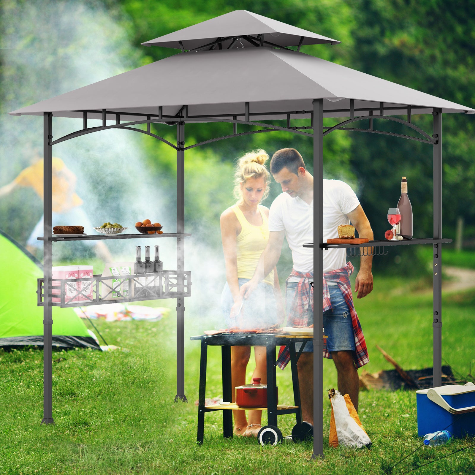 Outdoor Grill Gazebo Double Tiered BBQ Canopy Tent with 2 Side Shelves-Grey