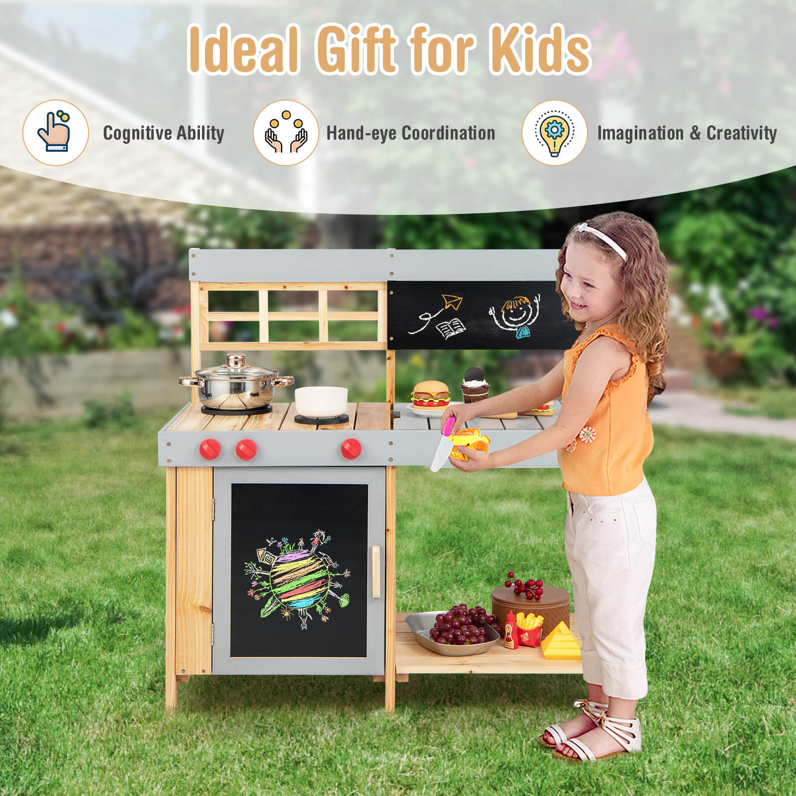 Kids Wooden Mud Kitchen Set with Chalkboard