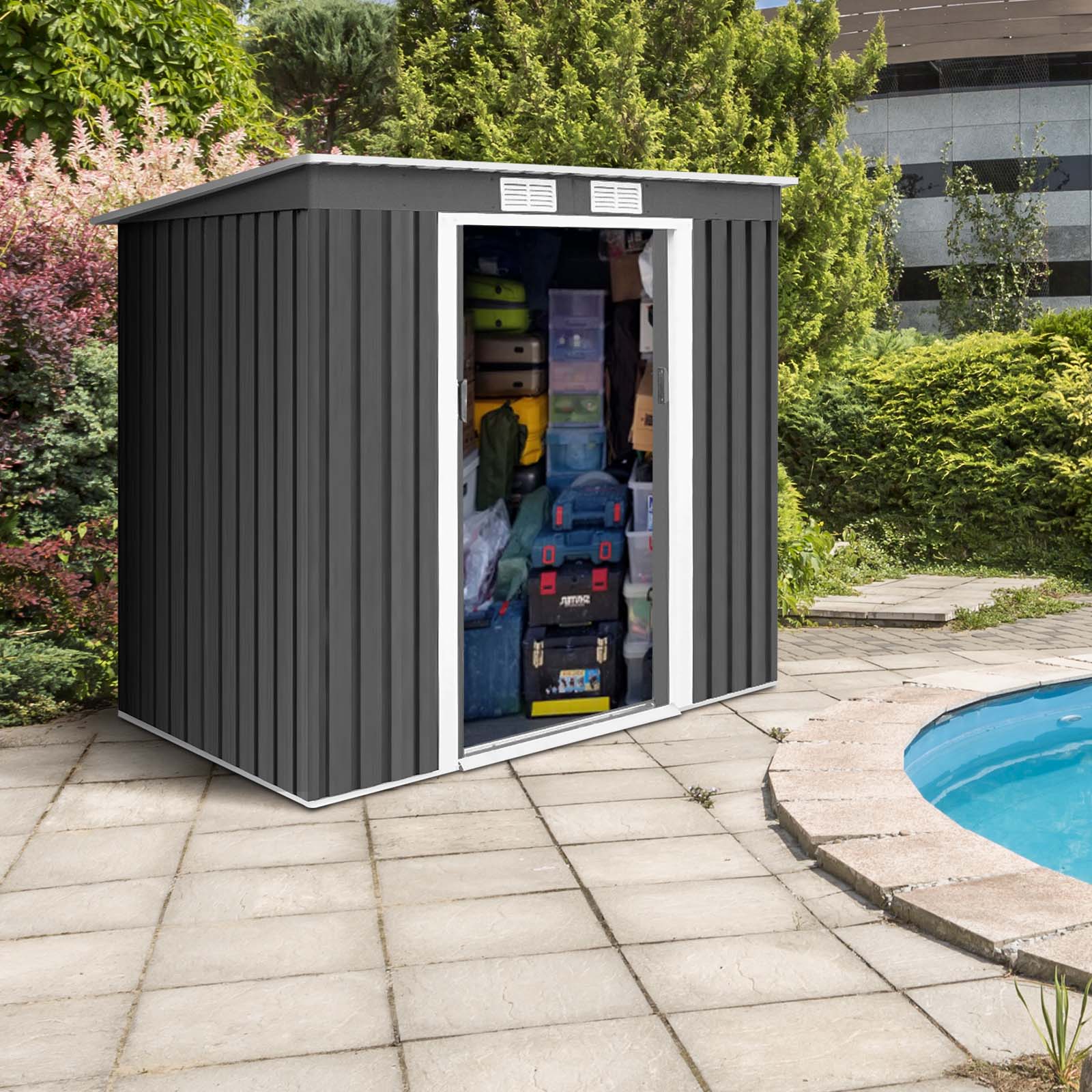Outdoor Metal Garden Storage Shed with Sloping Roof-Dark Grey