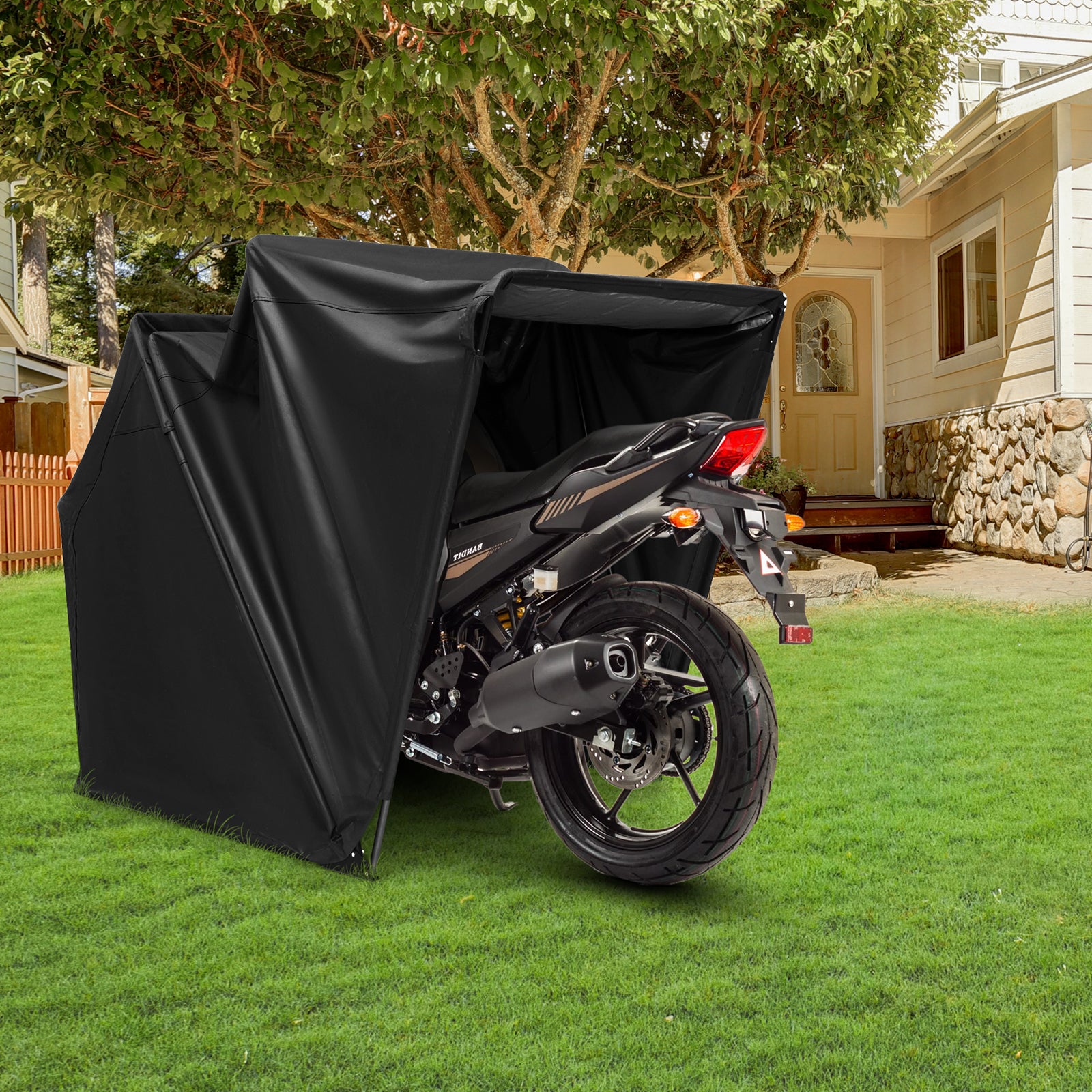 Outdoor Motorcycle Shelter Storage Shed with 600D Oxford Fabric Cover-Black