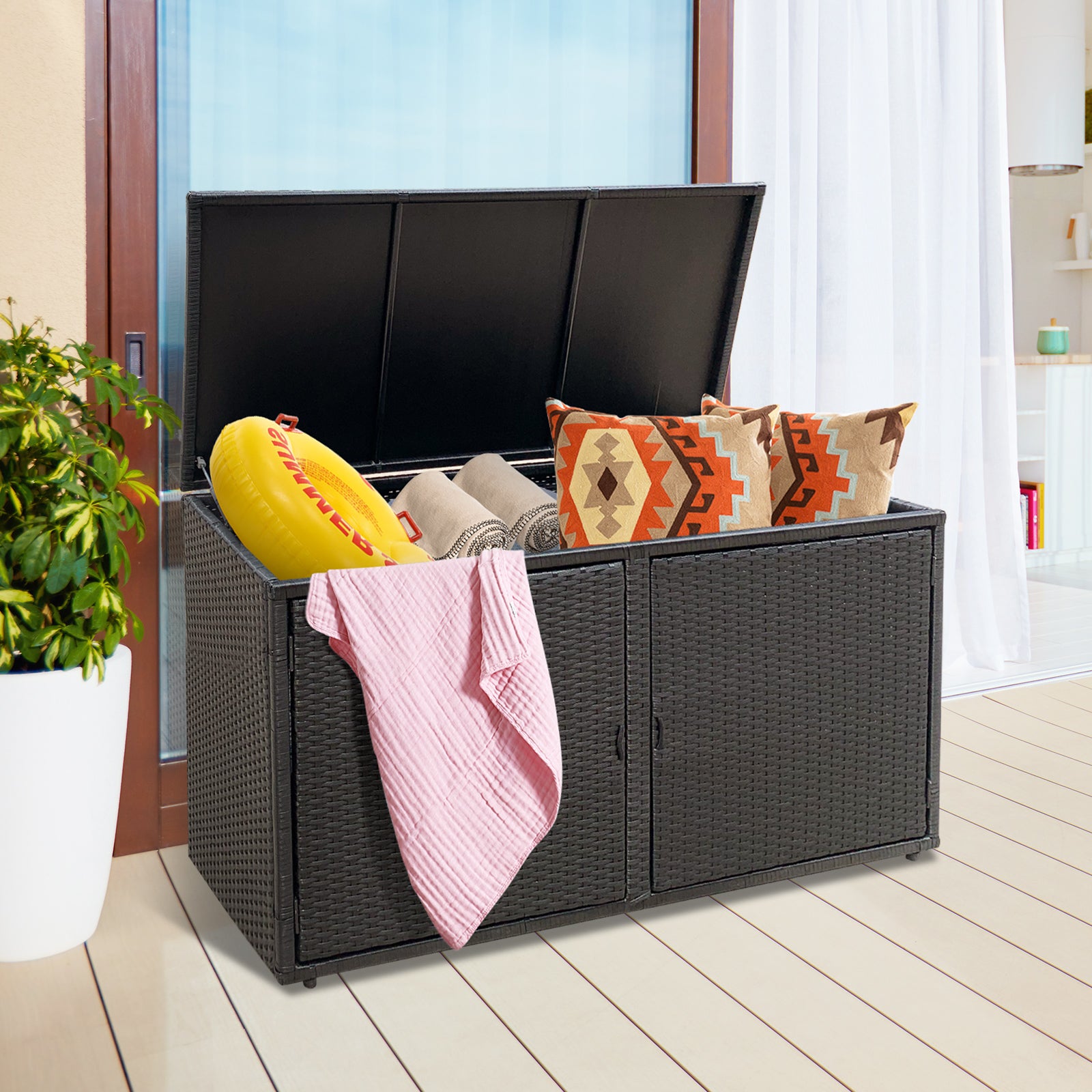 330L 2-Tier Outdoor PE Wicker Storage Box with Lid and Front Doors-Black