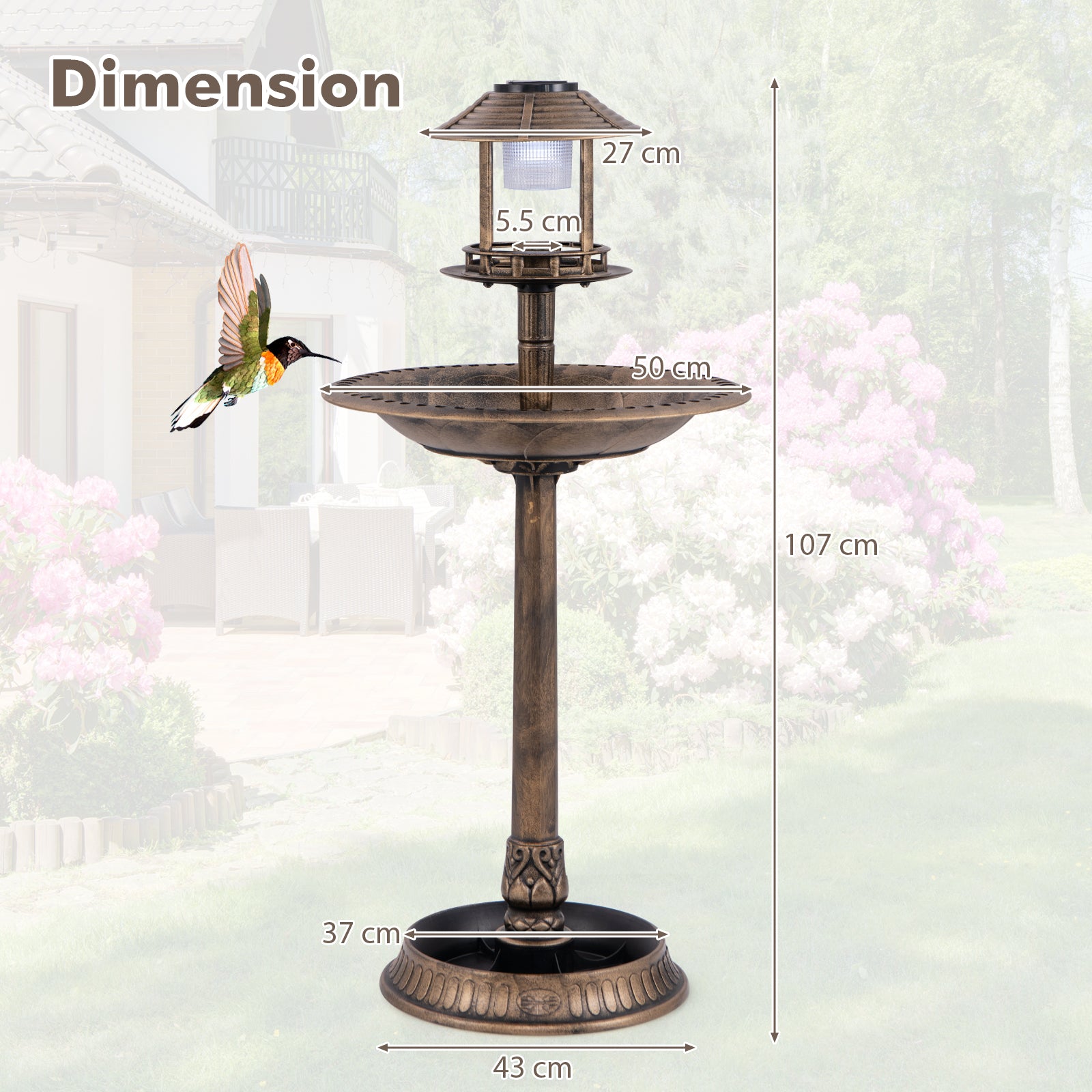 Outdoor Solar Lighted Bird Bath with Flower Planter Base-Antique