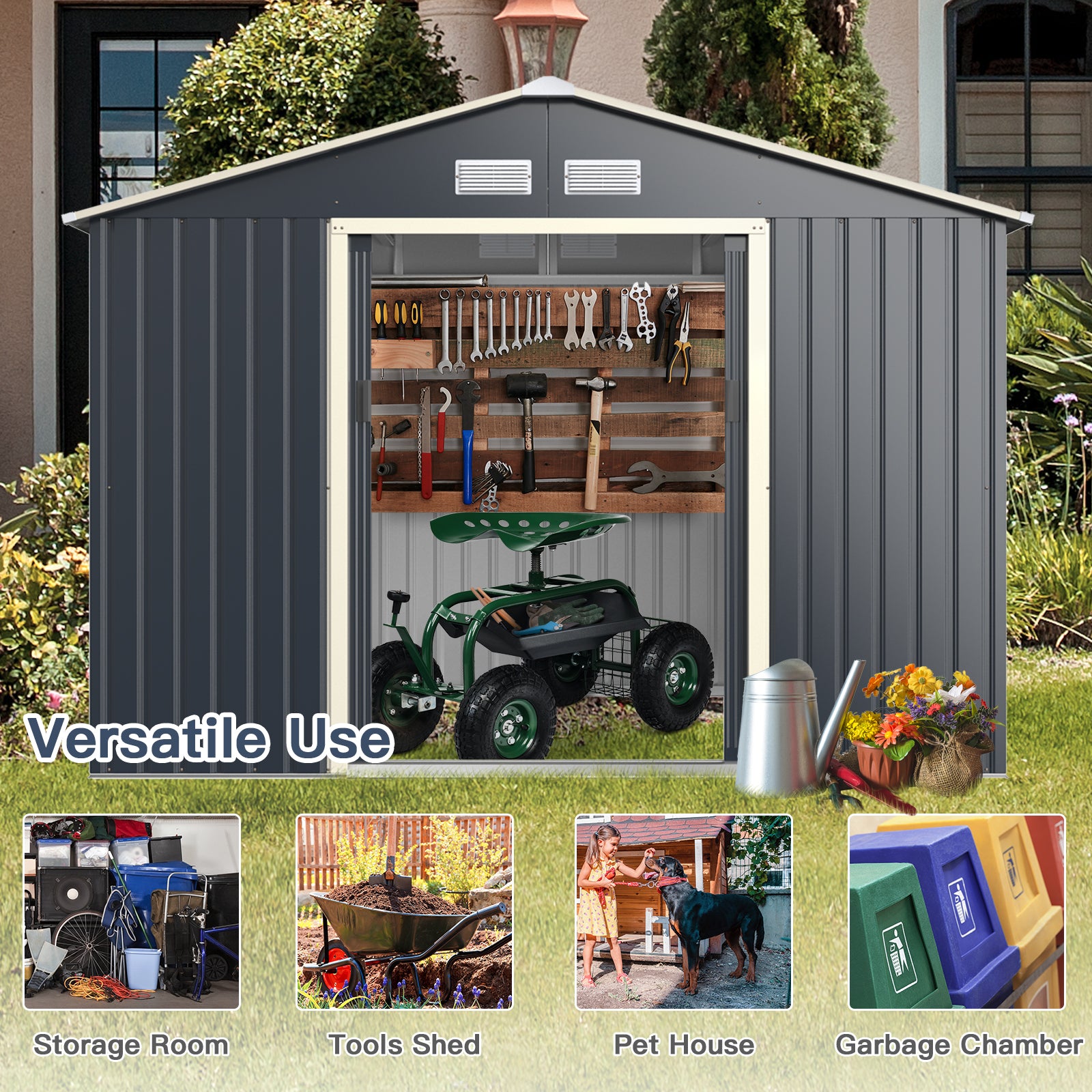 Outdoor Storage Shed with 4 Vents and Double Sliding Door-Size 2