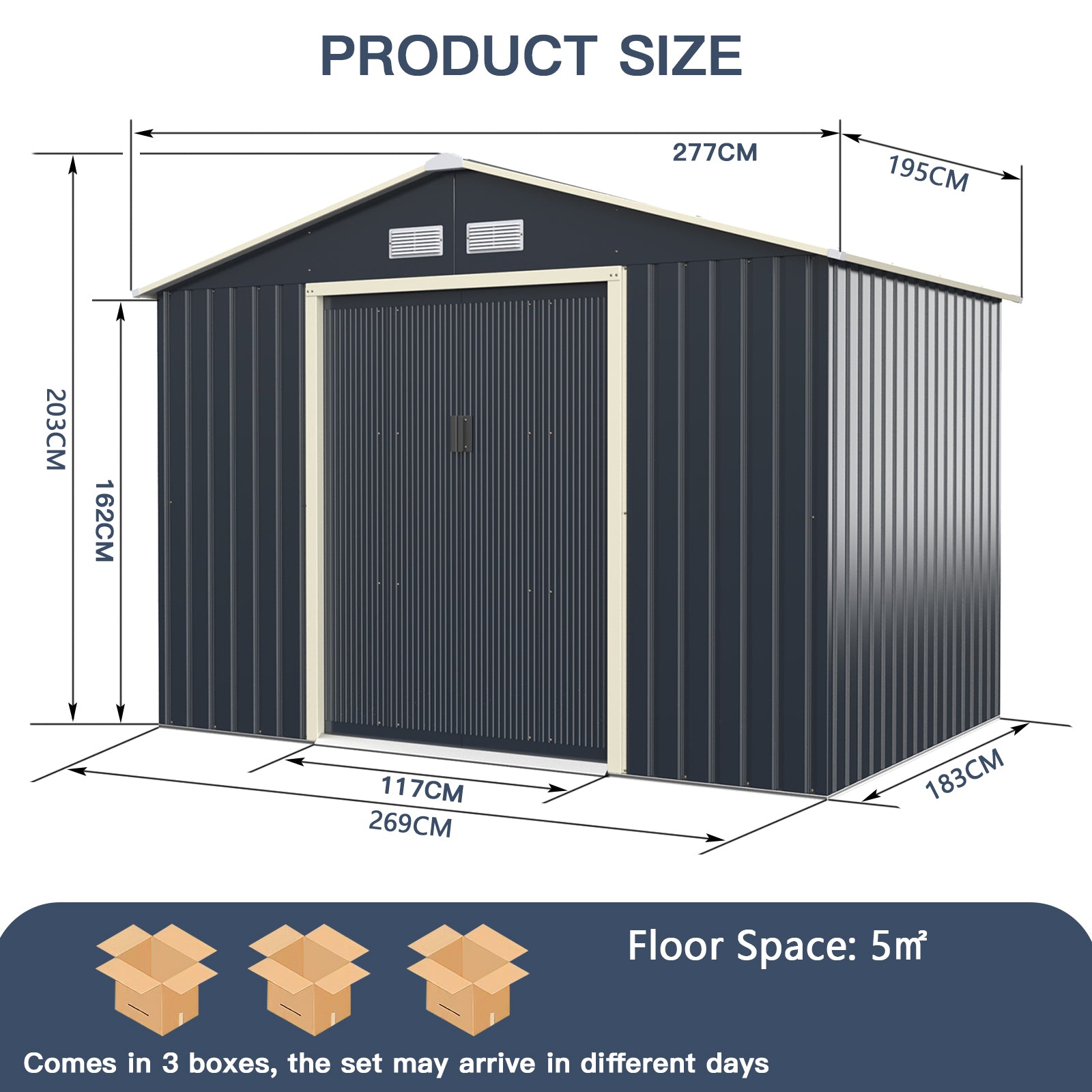Outdoor Storage Shed with 4 Vents and Double Sliding Door-Size 2