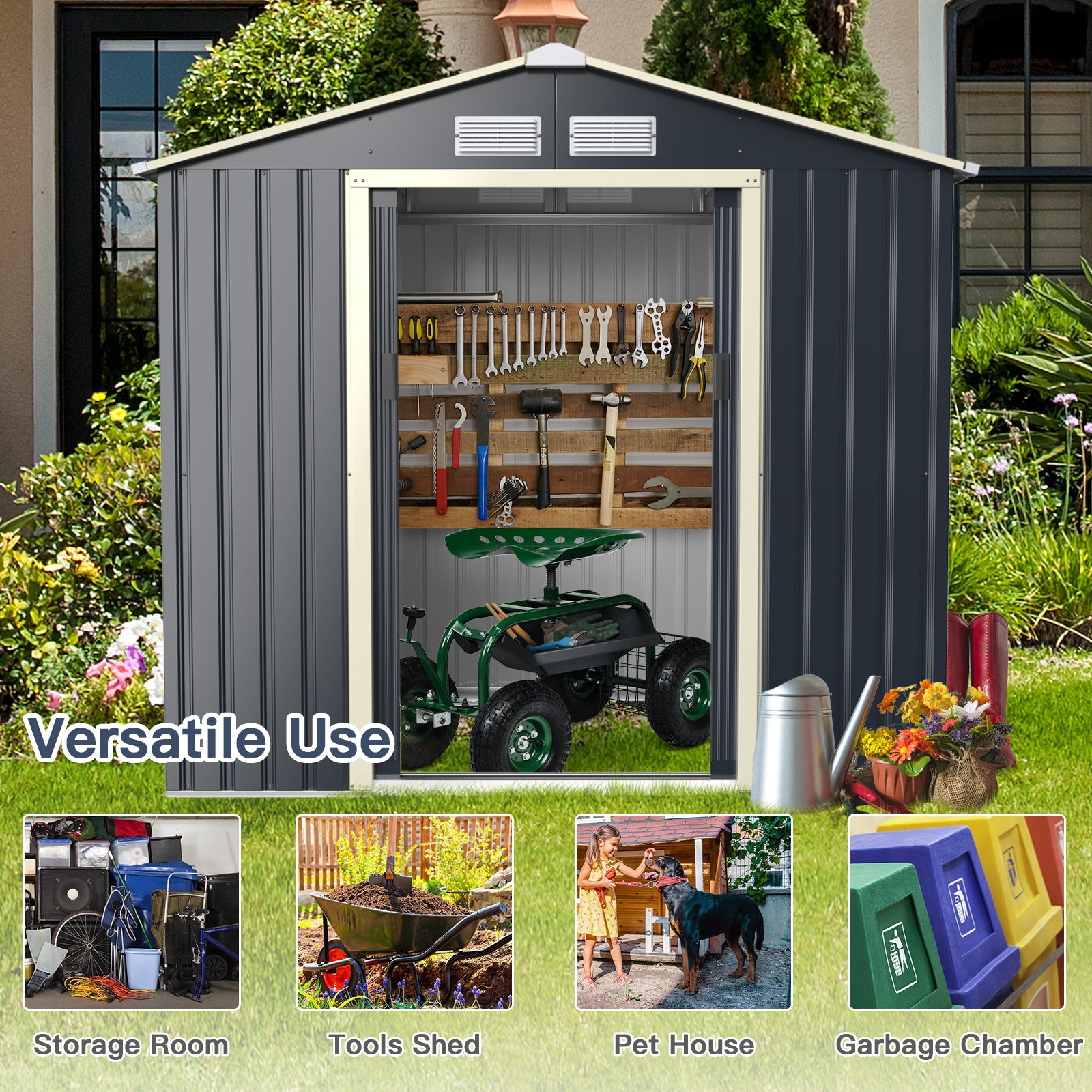 Outdoor Storage Shed with 4 Vents and Double Sliding Door-Size 1