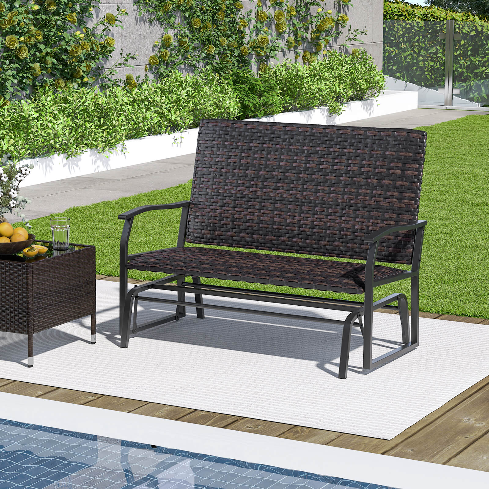 Outdoor Swing Glider Bench 2-Person Rattan Woven Glider Loveseat-Brown
