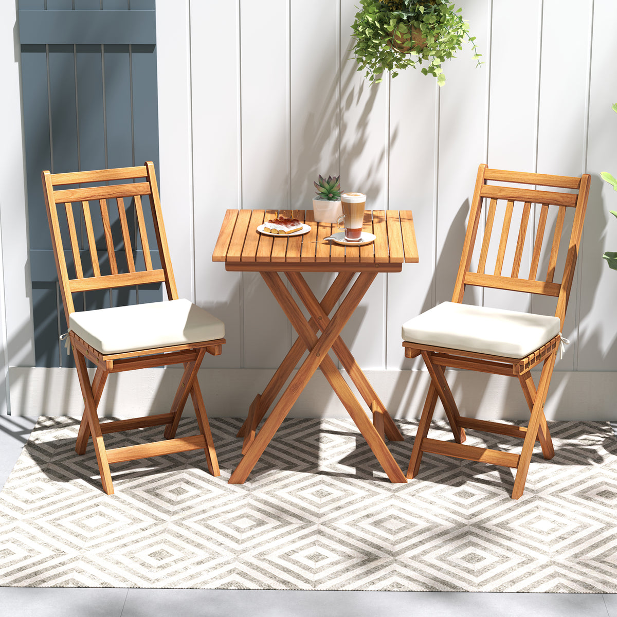 3 Pieces Outdoor Acacia Wood Bistro Set with Seat Cushions and High Back Armless Chairs-Vertical-Slatted Back