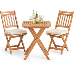 3 Pieces Outdoor Acacia Wood Bistro Set with Seat Cushions and High Back Armless Chairs-Vertical-Slatted Back