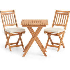3 Pieces Outdoor Acacia Wood Bistro Set with Seat Cushions and High Back Armless Chairs-Vertical-Slatted Back