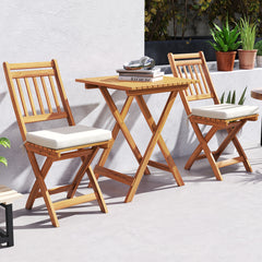 3 Pieces Outdoor Acacia Wood Bistro Set with Seat Cushions and High Back Armless Chairs-Vertical-Slatted Back