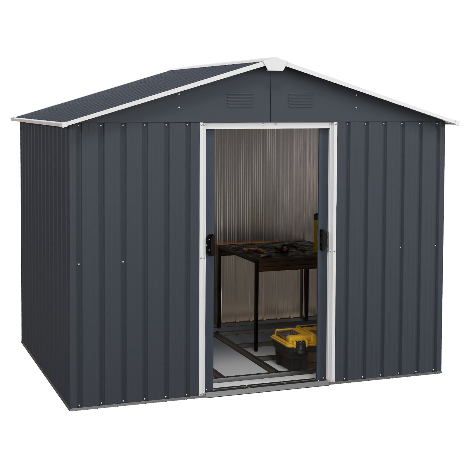 Galvanized Metal Garden Shed with Foundation Ramp and Sliding Door