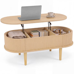 Oval Lift Top Coffee Table with Storage Fluted Design and Raised Wood Feet-Narural