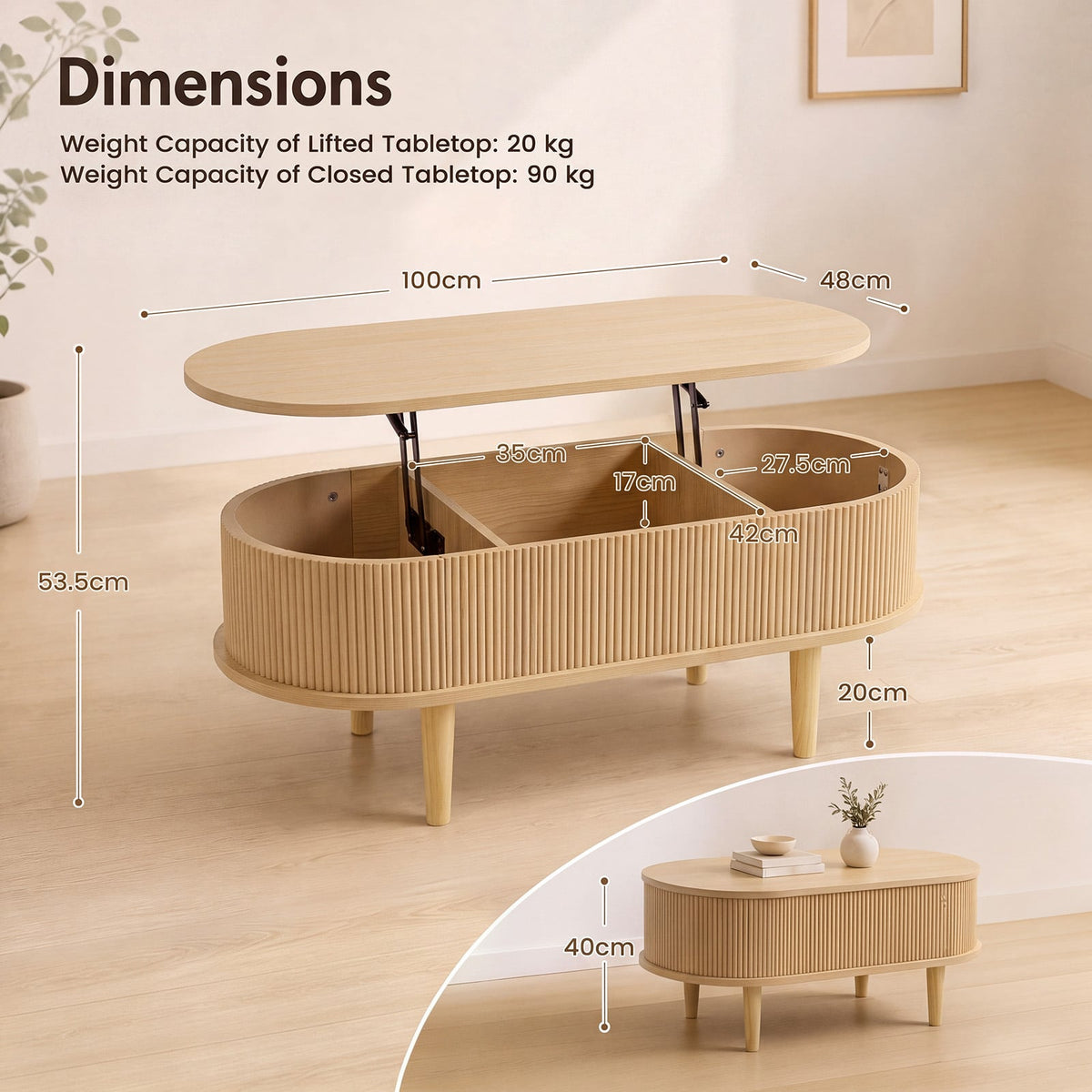 Oval Lift Top Coffee Table with Storage Fluted Design and Raised Wood Feet-Narural
