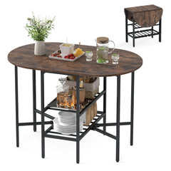 Oval dining table with 2 folding side panels and a metal frame for 4 people-Rustic Brown