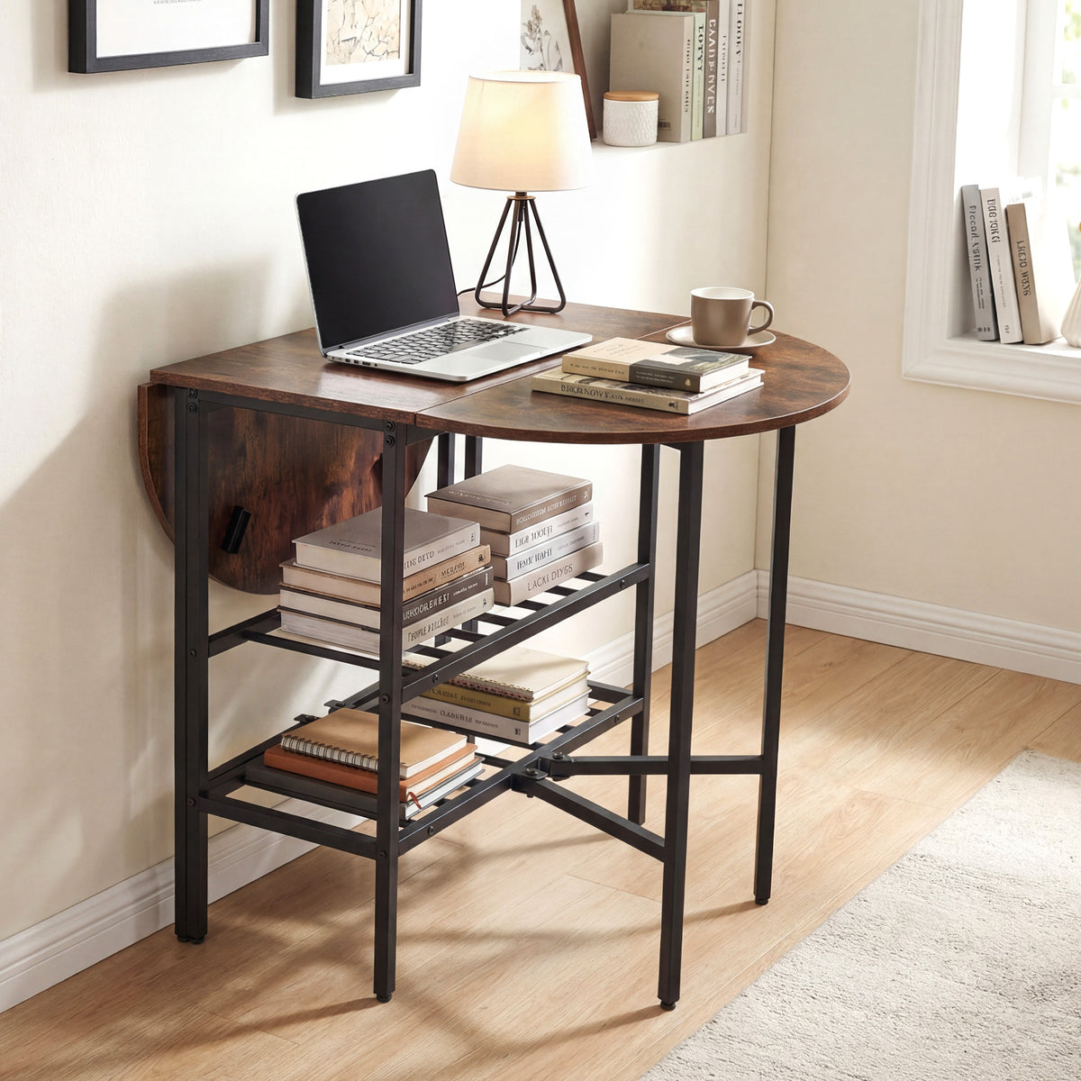 Oval dining table with 2 folding side panels and a metal frame for 4 people-Rustic Brown