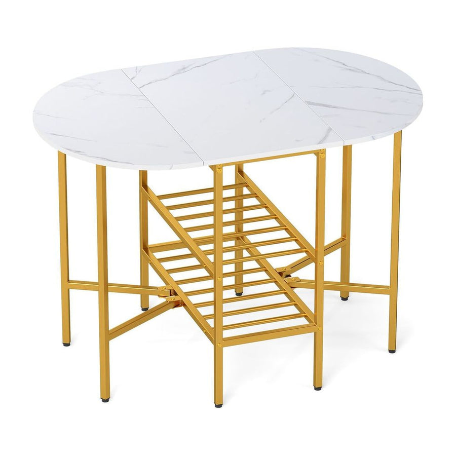 Oval dining table with 2 folding side panels and a metal frame for 4 people-White