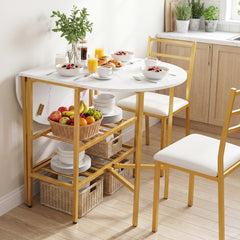 Oval dining table with 2 folding side panels and a metal frame for 4 people-White