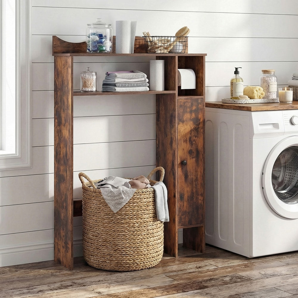 The over the toilet storage cabinet placed in a laundry room with a washing machine