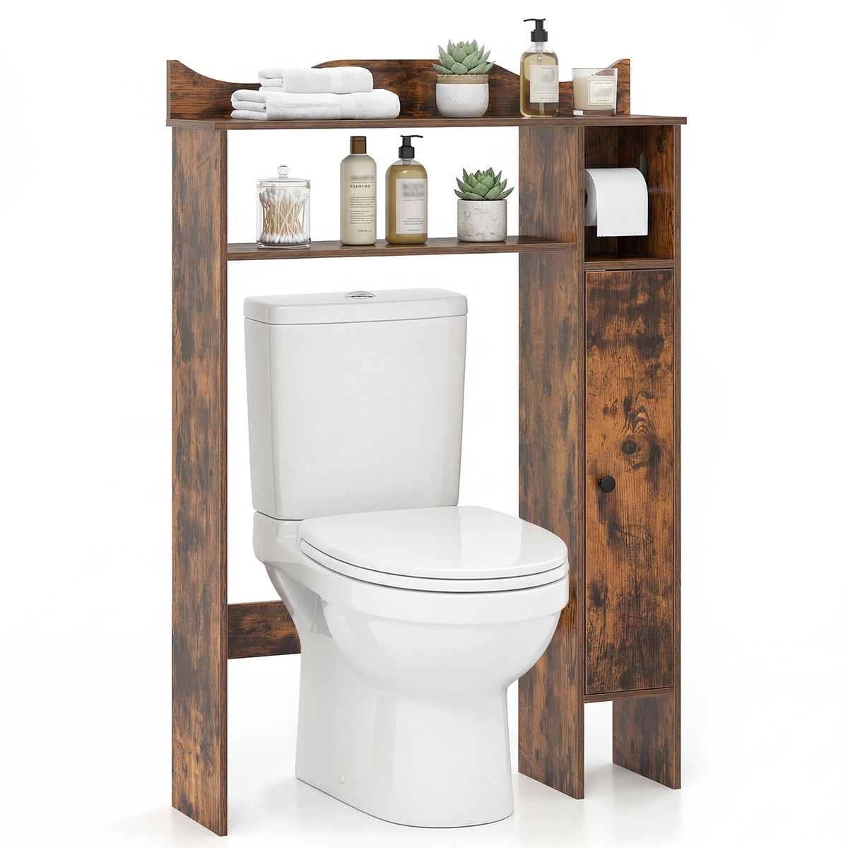 Rustic brown over the toilet storage cabinet shown above a toilet with items on shelves