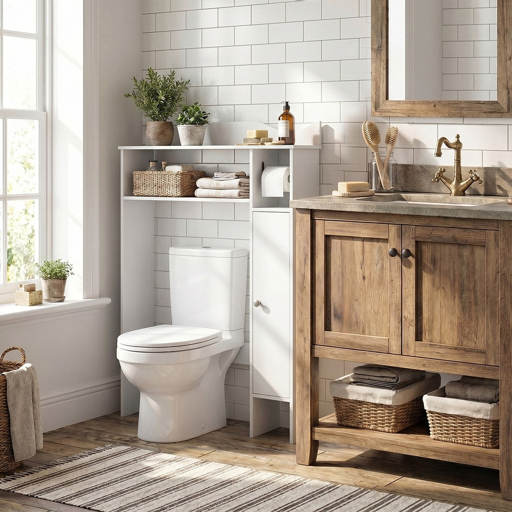 The white bathroom furniture placed over a toilet next to a wooden vanity unit