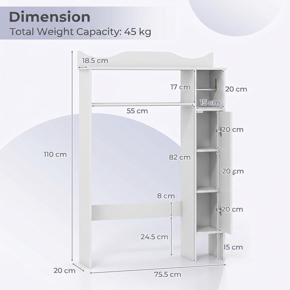 The white storage unit with various measurements and labels showing dimensions