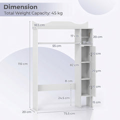 The white storage unit with various measurements and labels showing dimensions