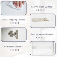 Close up details of the cabinet surface, metal hinges, and anti-toppling devices