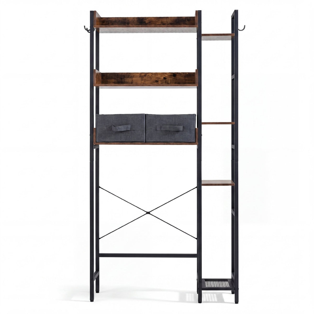 Back view of the rustic brown over the toilet storage unit