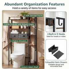Features of the over toilet storage unit including shelves, drawers and hooks