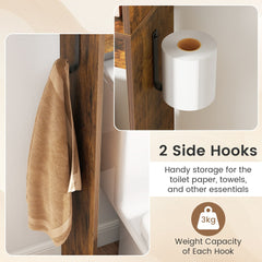 The side hooks on the over the toilet storage holding a towel and a roll of toilet paper