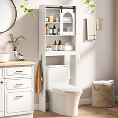 The storage unit positioned over a toilet in a bright bathroom with toiletries on the shelves