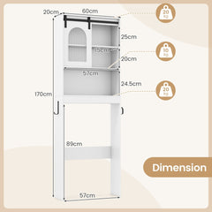 The over the toilet storage showing height and width measurements with weight capacity icons
