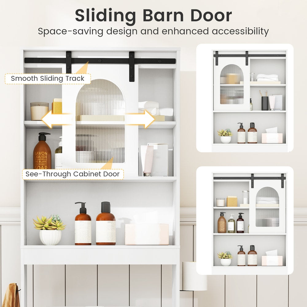 The cabinet highlighting the sliding barn door mechanism and the fluted glass door panel