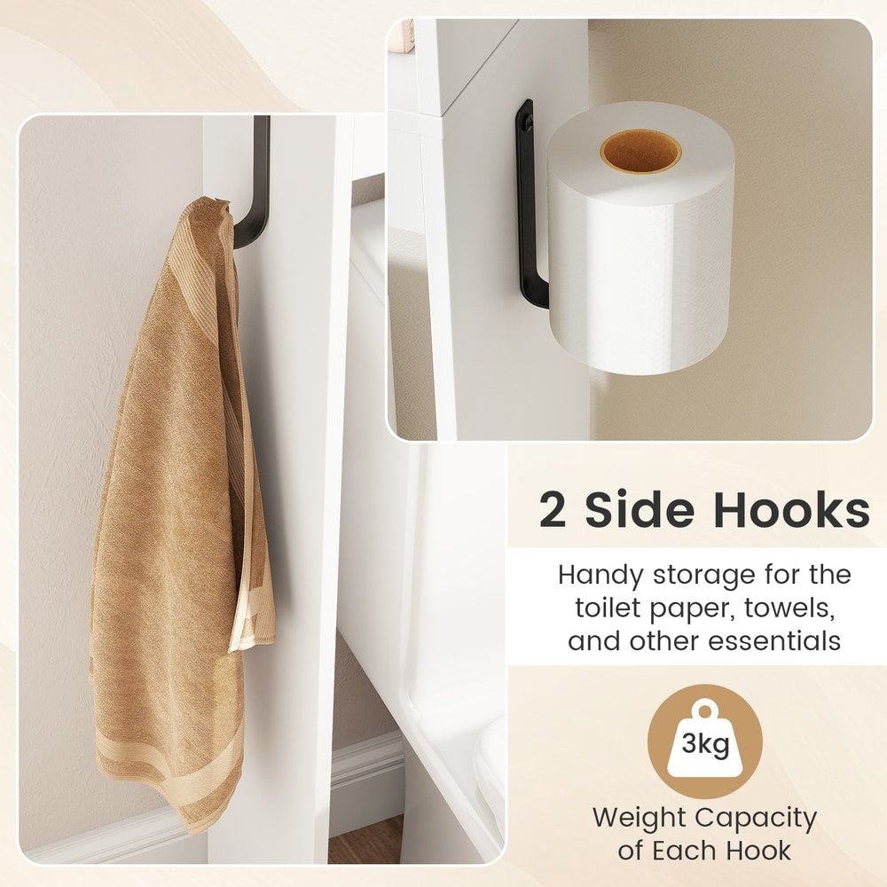 The storage unit showing the side hooks used for hanging a towel and a toilet paper roll